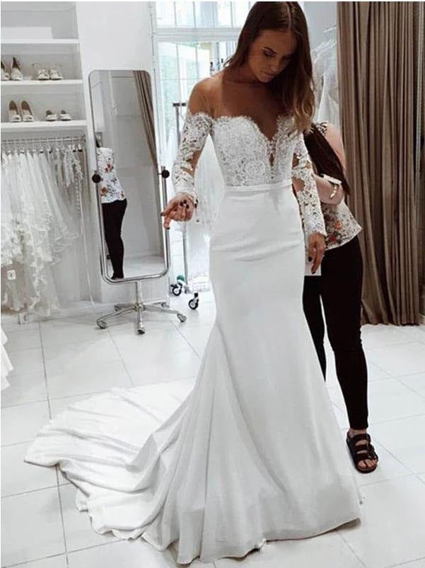 Krispfy.com Fashion One Shoulder Lace Long Sleeve Dress Mopping Wedding Dress