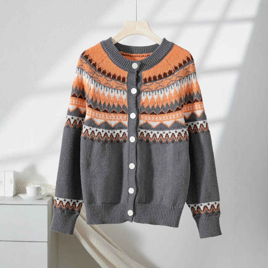 Contrast Color Single-breasted Long Sleeve Knitted Cardigan