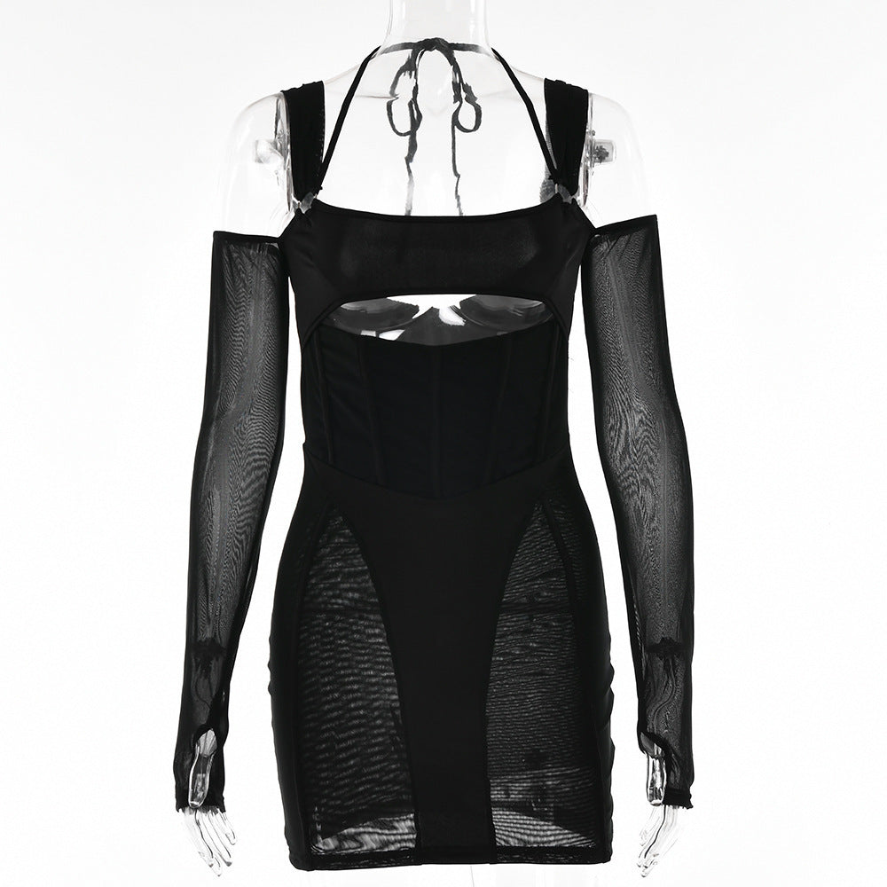 Krispfy.com Women's Sling Tight Dress Fashion Backless Mesh See-through Hip Skirt