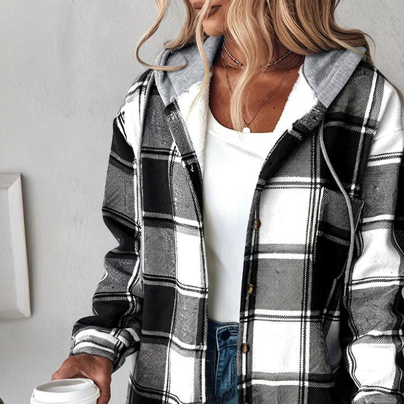 Women's Plaid Hoodie Long Sleeve Jacket Button Drawstring Casual Fall Shirts Shacket With Pocket