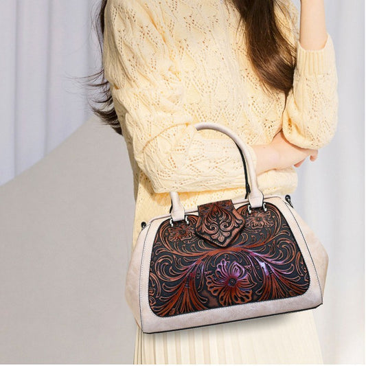Handmade Carved One-shoulder Women's Leather Bag