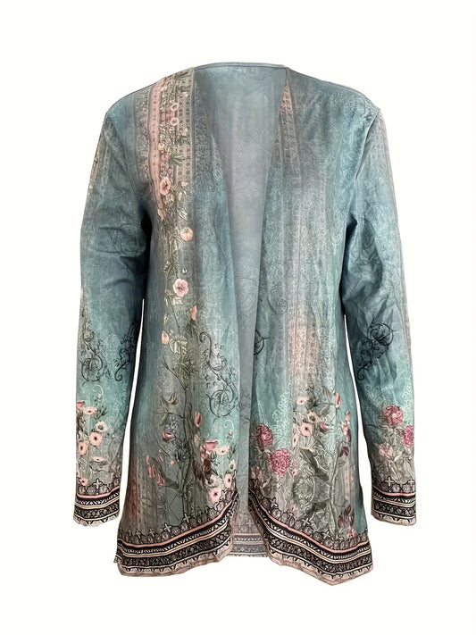 Spring And Autumn New Women's Top Printed Cardigan Casual Long Sleeve Light Jacket Green
