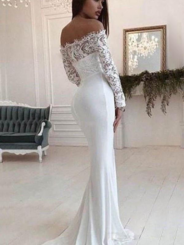 Krispfy.com Fashion One Shoulder Lace Long Sleeve Dress Mopping Wedding Dress