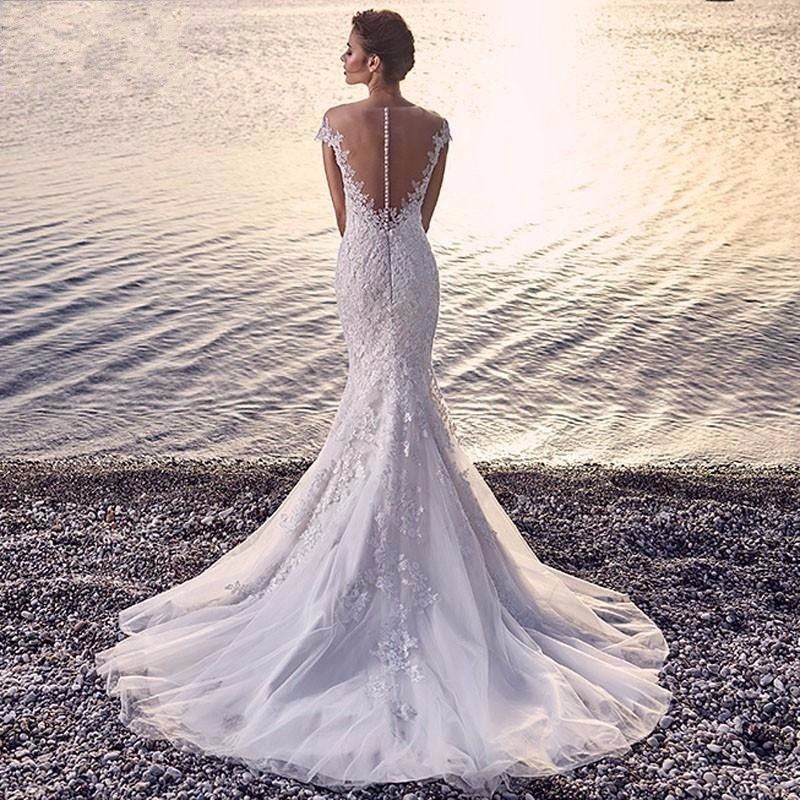 Krispfy.com - Princess Bride Mermaid Wedding Dress White Trailing Perspective Backless Lace Wedding Dress