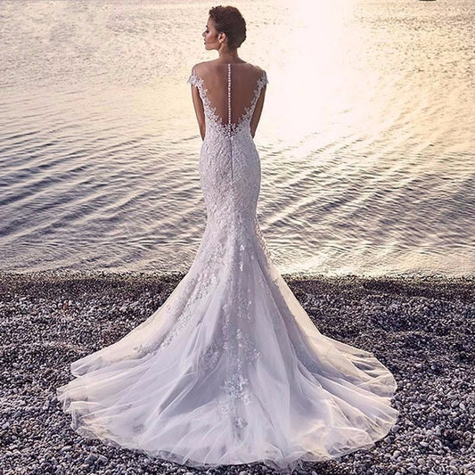 Krispfy.com - Princess Bride Mermaid Wedding Dress White Trailing Perspective Backless Lace Wedding Dress
