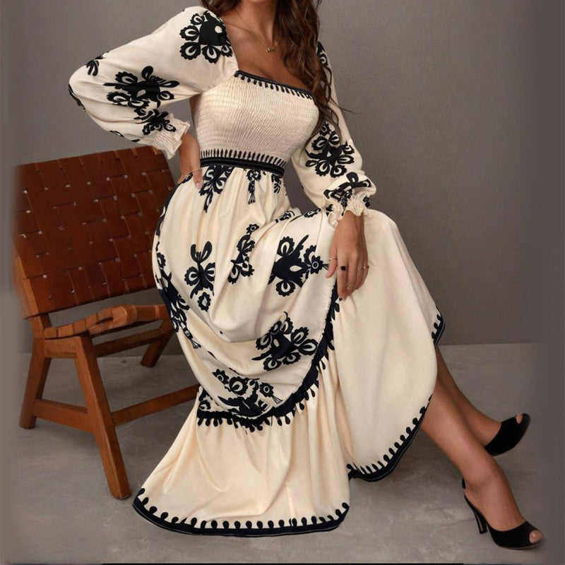 Elegant Women's Retro Geometric Print Lantern Sleeve Dress - Square Neck A-Line With Elastic Cuffs, Casual & Formal Dress