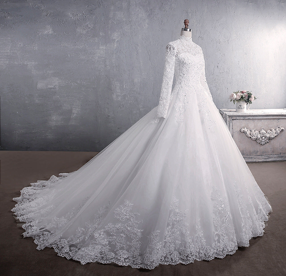 Krispfy.com Lace Wedding Dress Bridal Long-Sleeved Large Tail