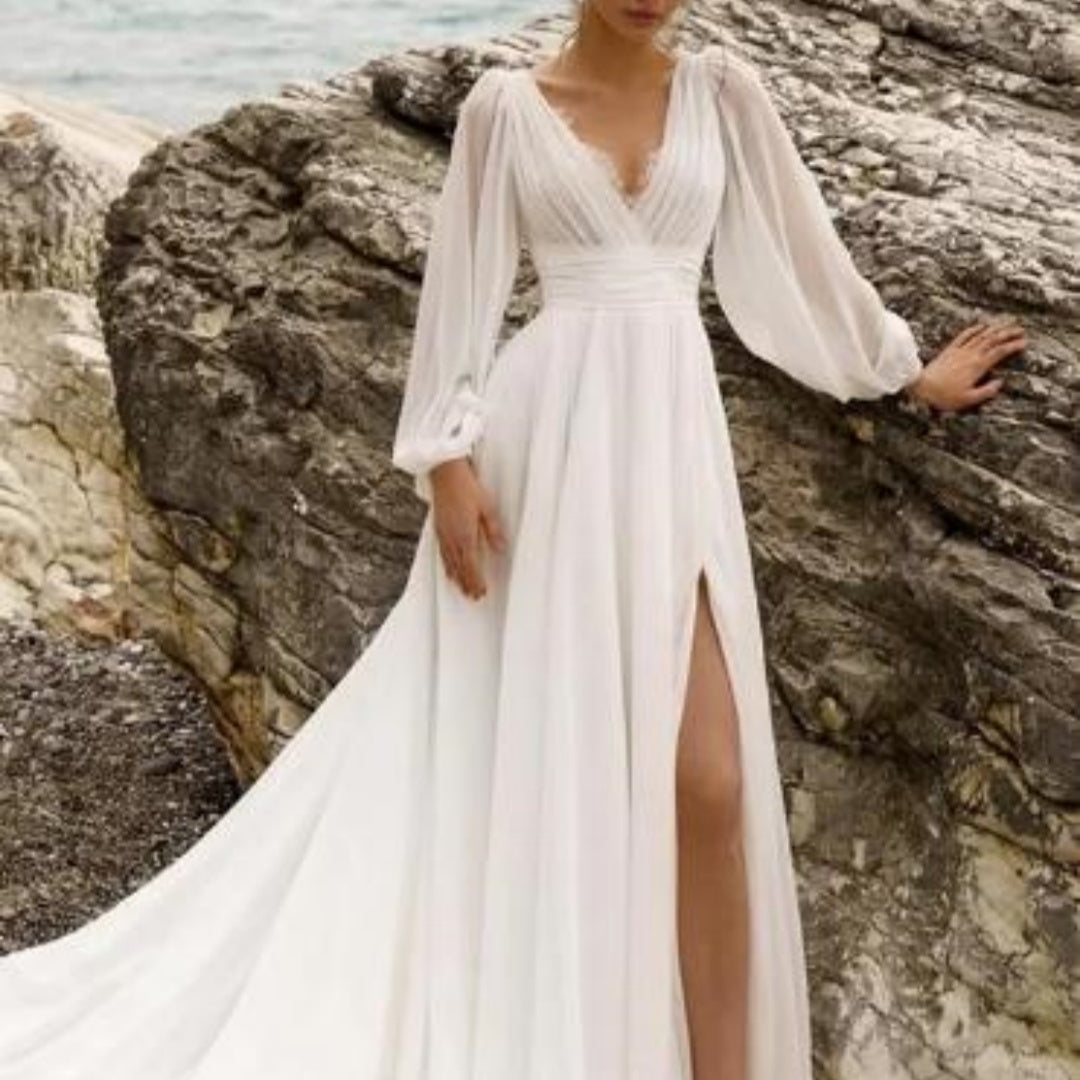 Krispfy.com European & American High Waist Plus Size Deep V Long Sleeve Mopping Backless Wedding Dress High Slit