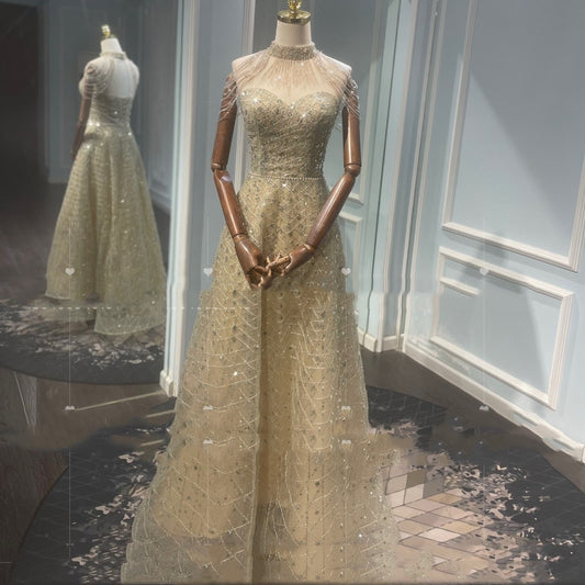 Krispfy.com Golden Neck Hanging Light Luxury Toast Evening Dress