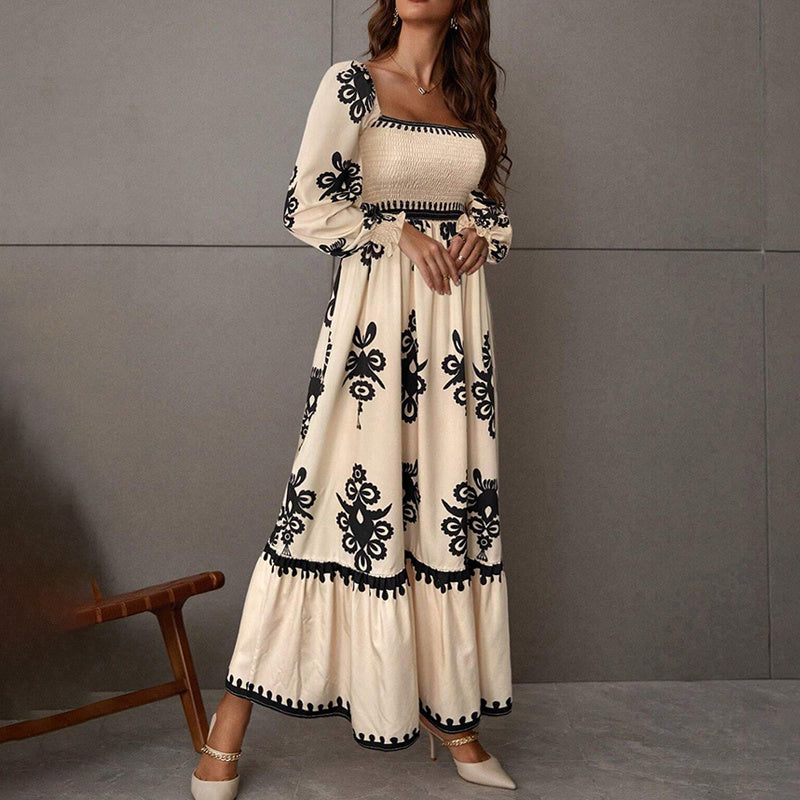 Elegant Women's Retro Geometric Print Lantern Sleeve Dress - Square Neck A-Line With Elastic Cuffs, Casual & Formal Dress