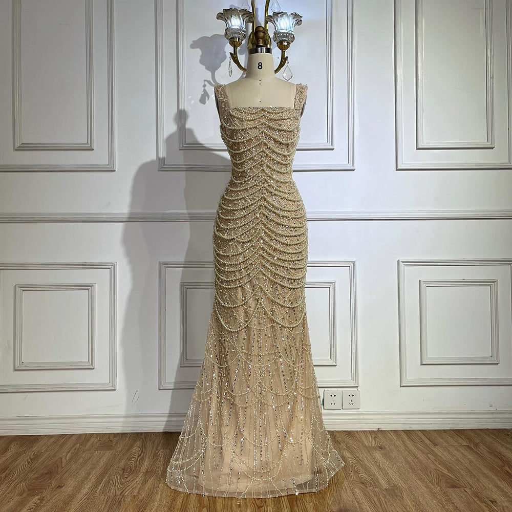 Krispfy.com Elegant Sling Light Luxury High-end Pearl Beaded Dress