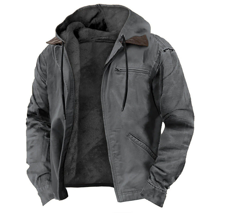 Krispfy.com - Orgnals Winter Hooded Coat With Pockets Fashion Warm Fleece Zip-up Jacket Casual Outwear Men's Clothing