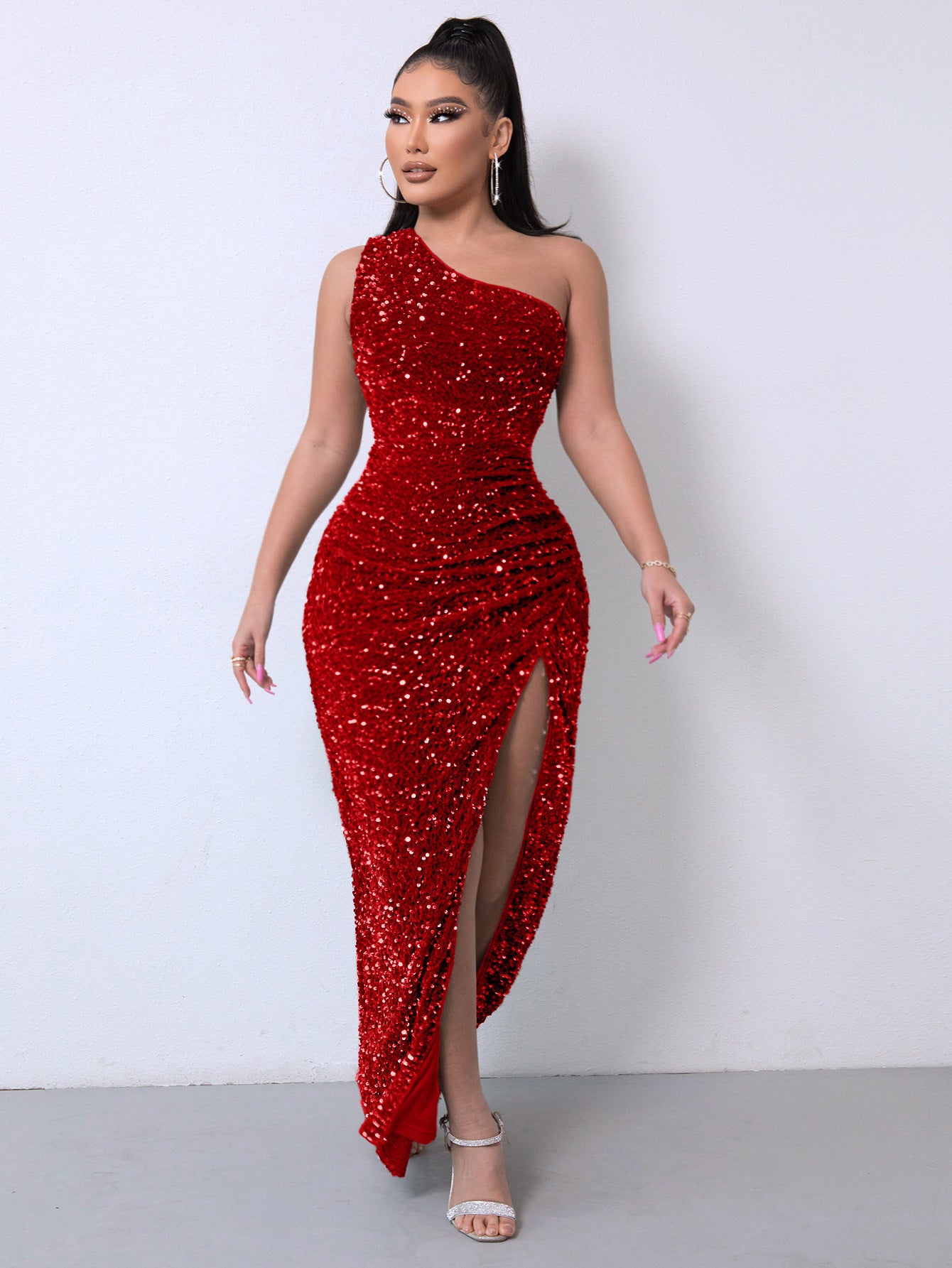 Krispfy.com Foreign Trade Sleeveless One Shoulder Slash Neck Sequins Gorgeous Slit Women's Dress