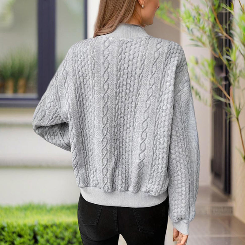 Women's Solid Color Button-Up Long Sleeve Jacket - Ribbed Texture Casual Top For Spring & Fall