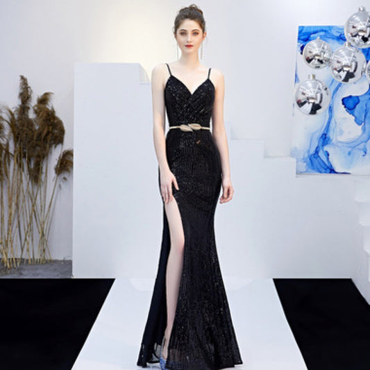 Krispfy.com New Banquet Elegant Annual Meeting Long Host Deep V Sexy Fishtail Sequined Dress