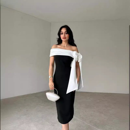 Krispfy.com Women's Off-Shoulder Bow Black & White Color Matching Elegant Cocktail Dress