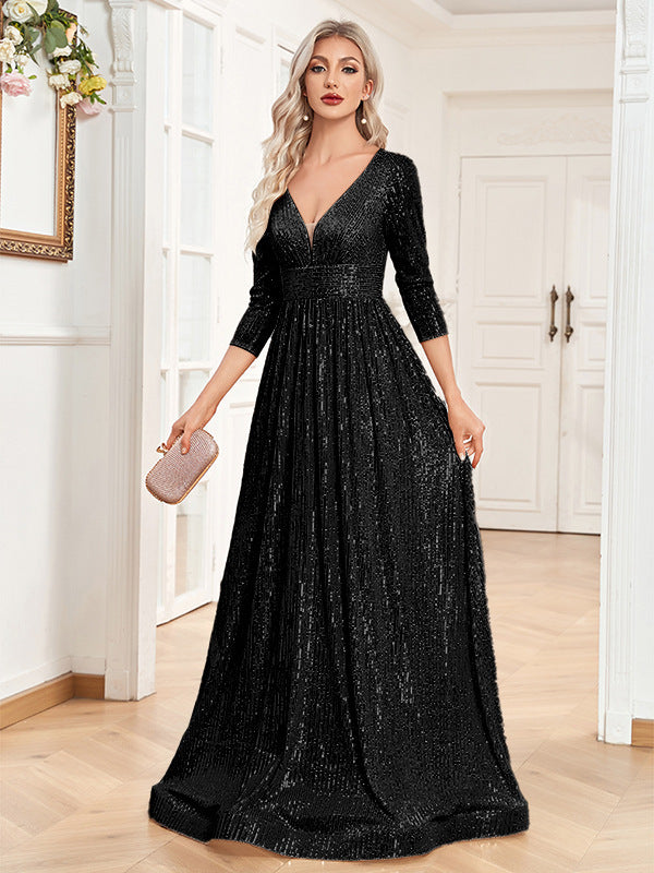 Krispfy.com Sequined Fall V-neck High Waist Party Formal Dress