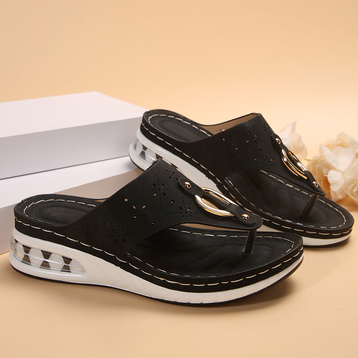 Krispfy Orignals USA - Thong Sandals I Summer Flip Flops I Hollow Metal Buckle Wedges Shoes For Women Thick Sole I Beach Shoes