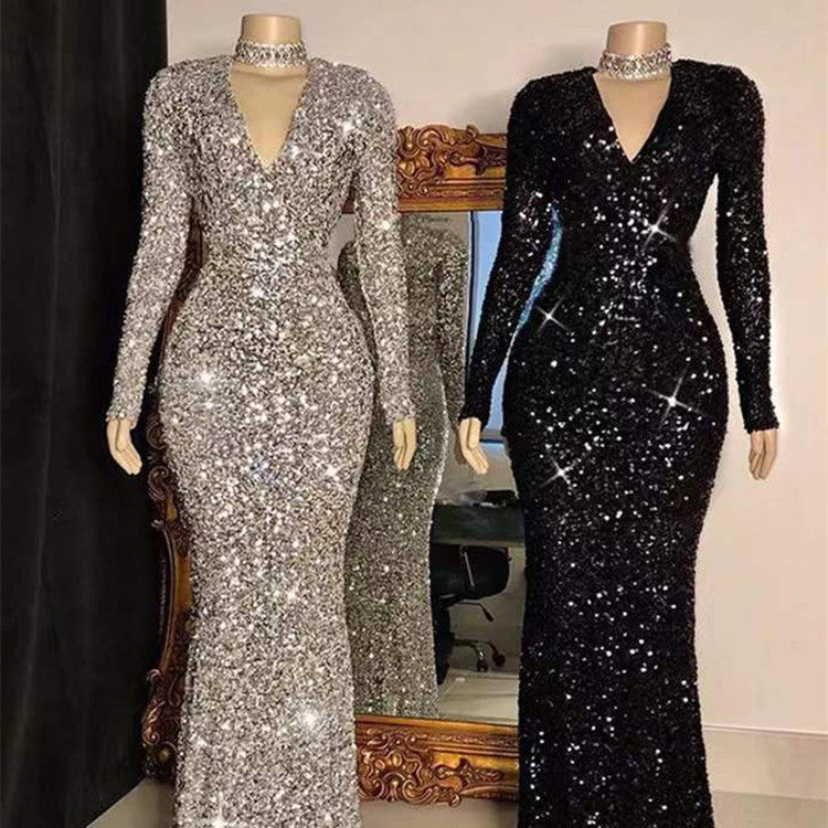 Krispfy.com Grey Long Sleeve Sequin Evening Dress