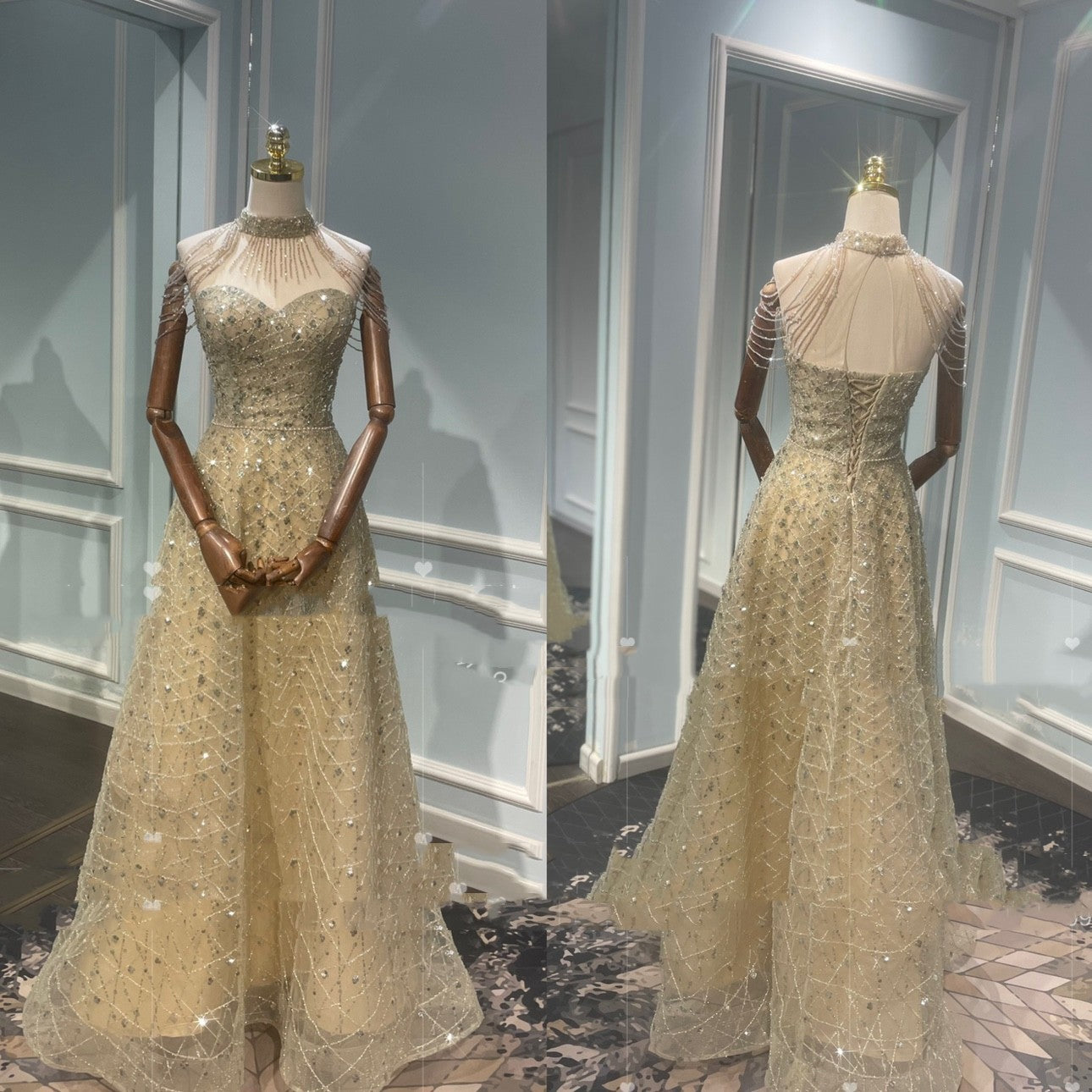 Krispfy.com Golden Neck Hanging Light Luxury Toast Evening Dress