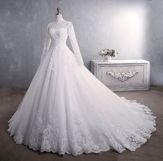 Krispfy.com Lace Wedding Dress Bridal Long-Sleeved Large Tail