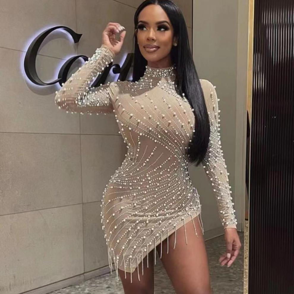 Krispfy.com Pearl Rhinestone Stretch Side Seam Tassel Short Dress