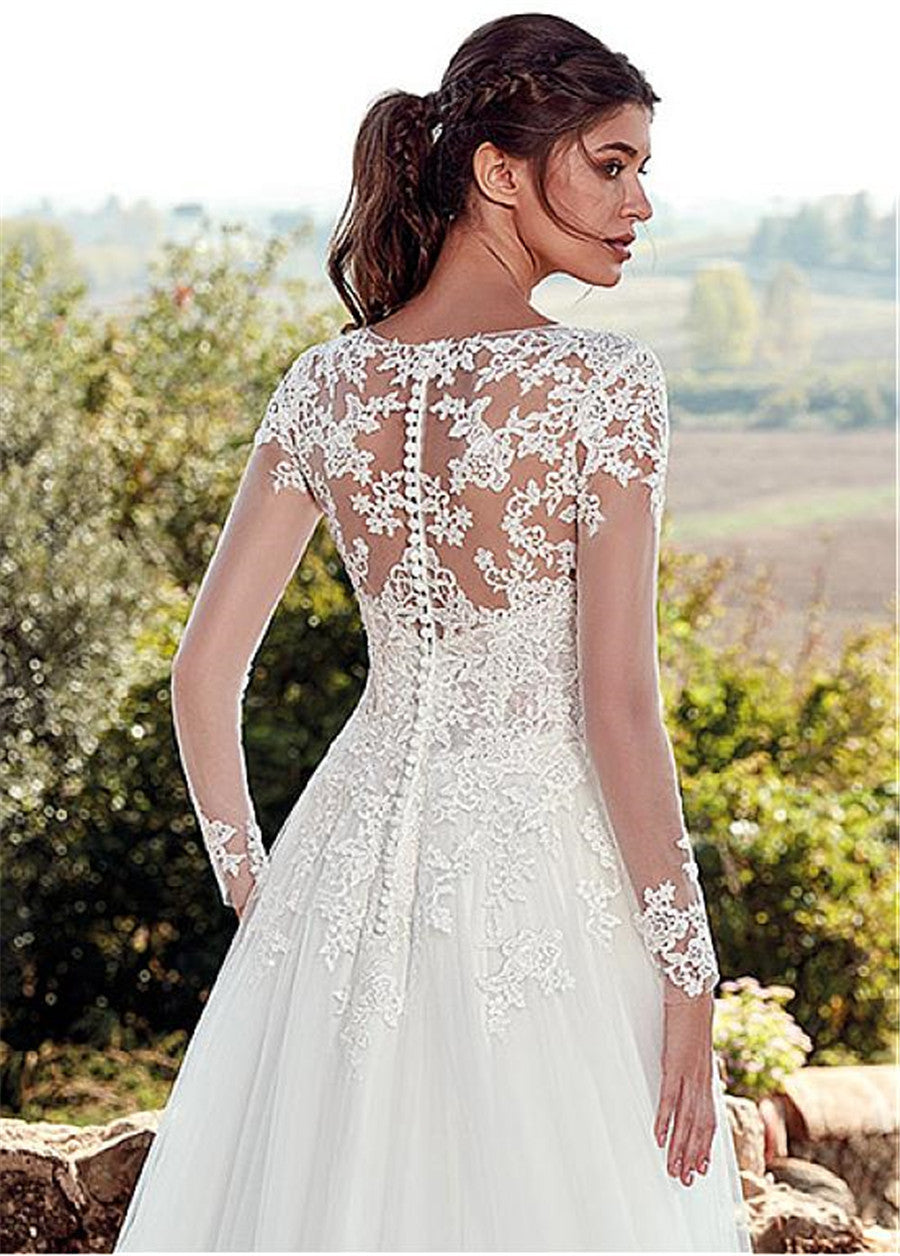 Krispfy.com High U-neck Lace Long Sleeve A- Line Long Tail Simple Wedding Dress