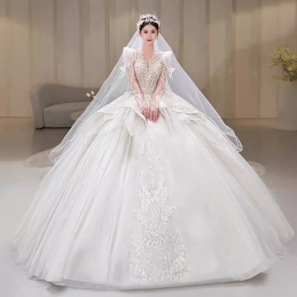 Krispfy.com Long Sleeve Trailing French Retro Bridal Dress