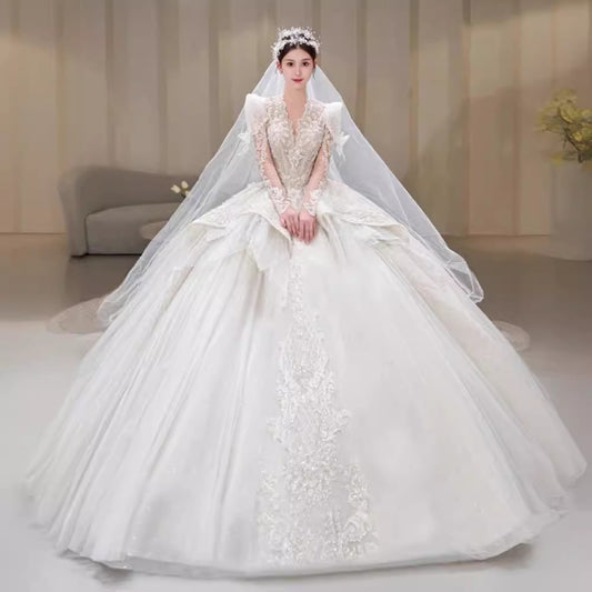 Krispfy.com Long Sleeve Trailing French Retro Bridal Dress