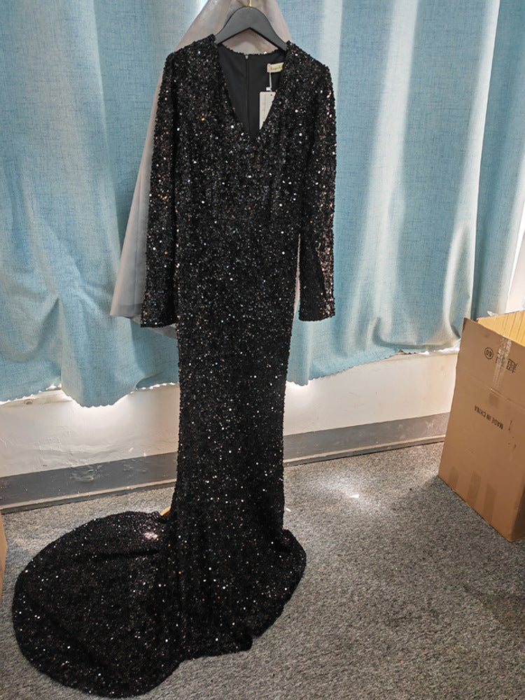 Krispfy.com Grey Long Sleeve Sequin Evening Dress