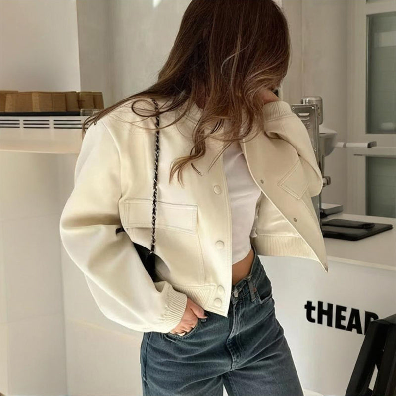 Women's Solid Color Long Sleeve Baseball Jacket With Button Front & Pockets - Casual Short Jacket For Spring&Fall