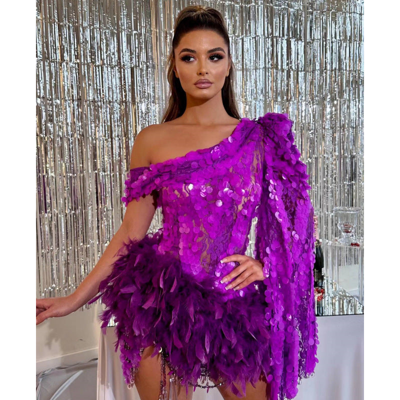 Krispfy.com Purple Sequined Feather Skirt One-shoulder Sleeve Short Dress Luxury Party Stage Performance Dress