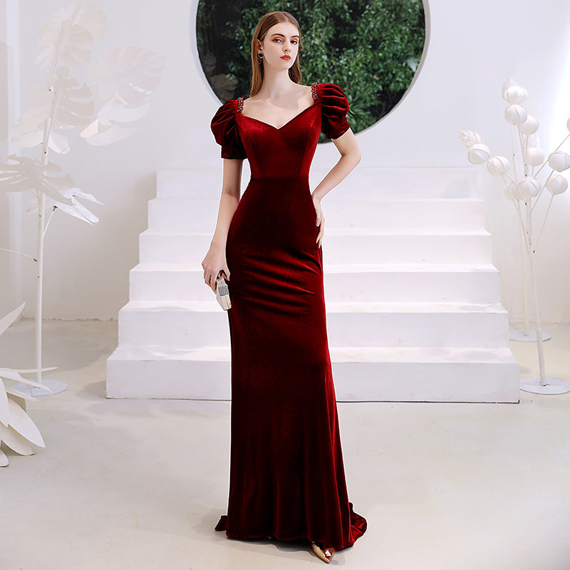 Krispfy.com Wine Red Fishtail Evening Dress Woman