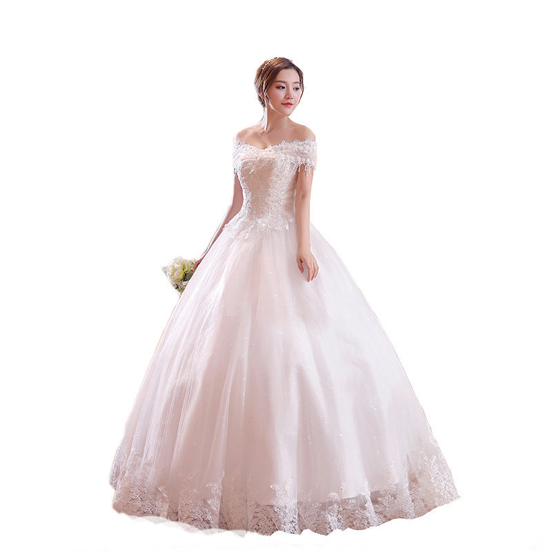Krispfy.com Shoulder-To-Shoulder Wedding Dress Bridal Lace Plus Size Thin Shoulder Wedding Dress