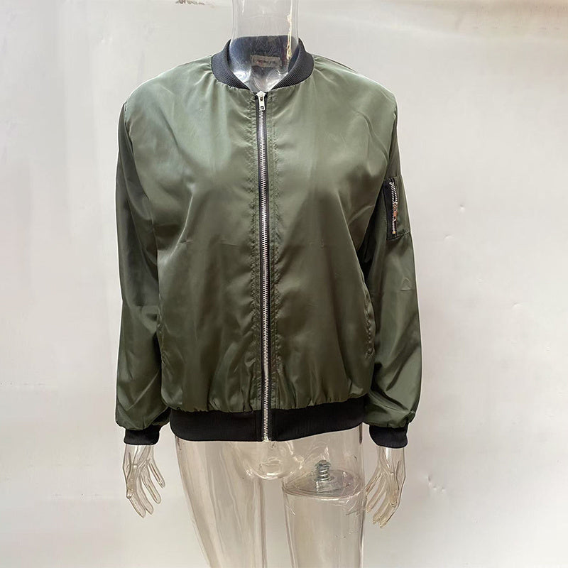 Women's Zippered Long-Sleeve Stand Collar Jacket Color-Blocked Spring & Fall Fashion Minimalist Top