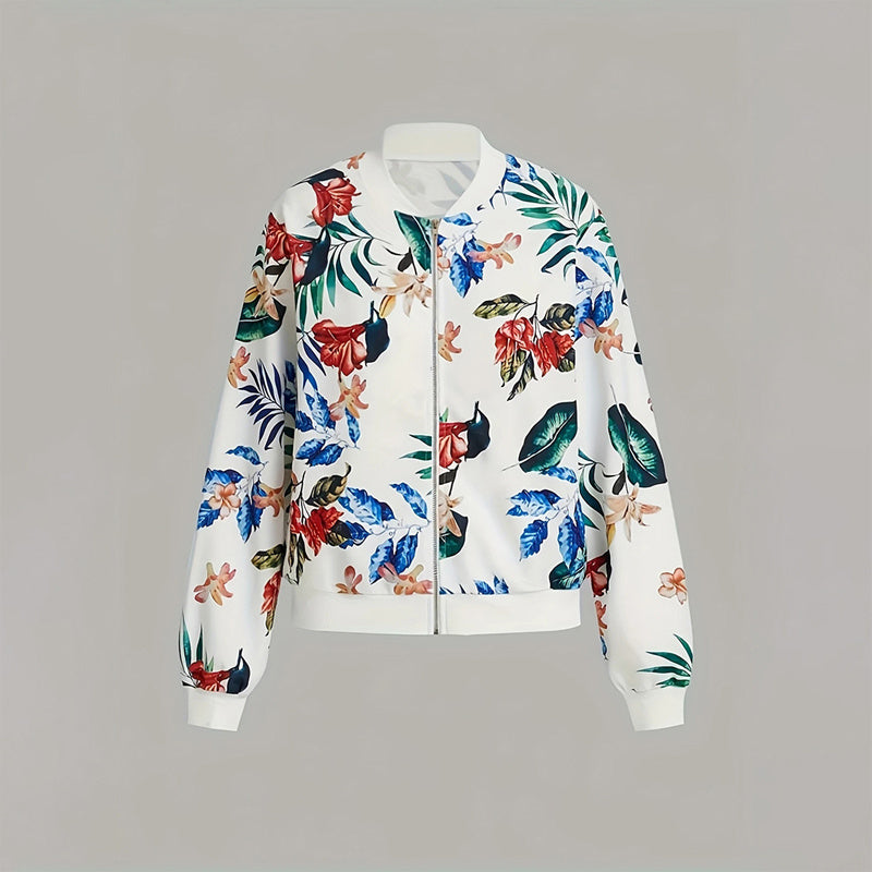 Women's Zip-Up Jacket With All-Over Botanical Print, Round Neck Long Sleeve Casual & Formal Wear For Spring&Fall