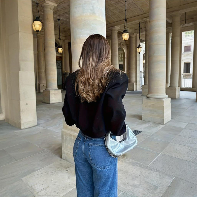 Women's Solid Color Long Sleeve Baseball Jacket With Button Front & Pockets - Casual Short Jacket For Spring&Fall