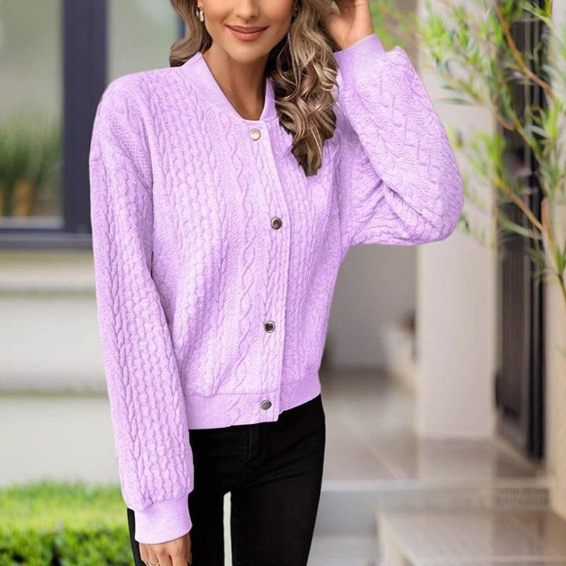 Women's Solid Color Button-Up Long Sleeve Jacket - Ribbed Texture Casual Top For Spring & Fall
