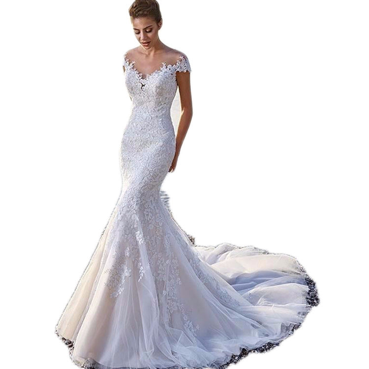 Krispfy.com - Princess Bride Mermaid Wedding Dress White Trailing Perspective Backless Lace Wedding Dress