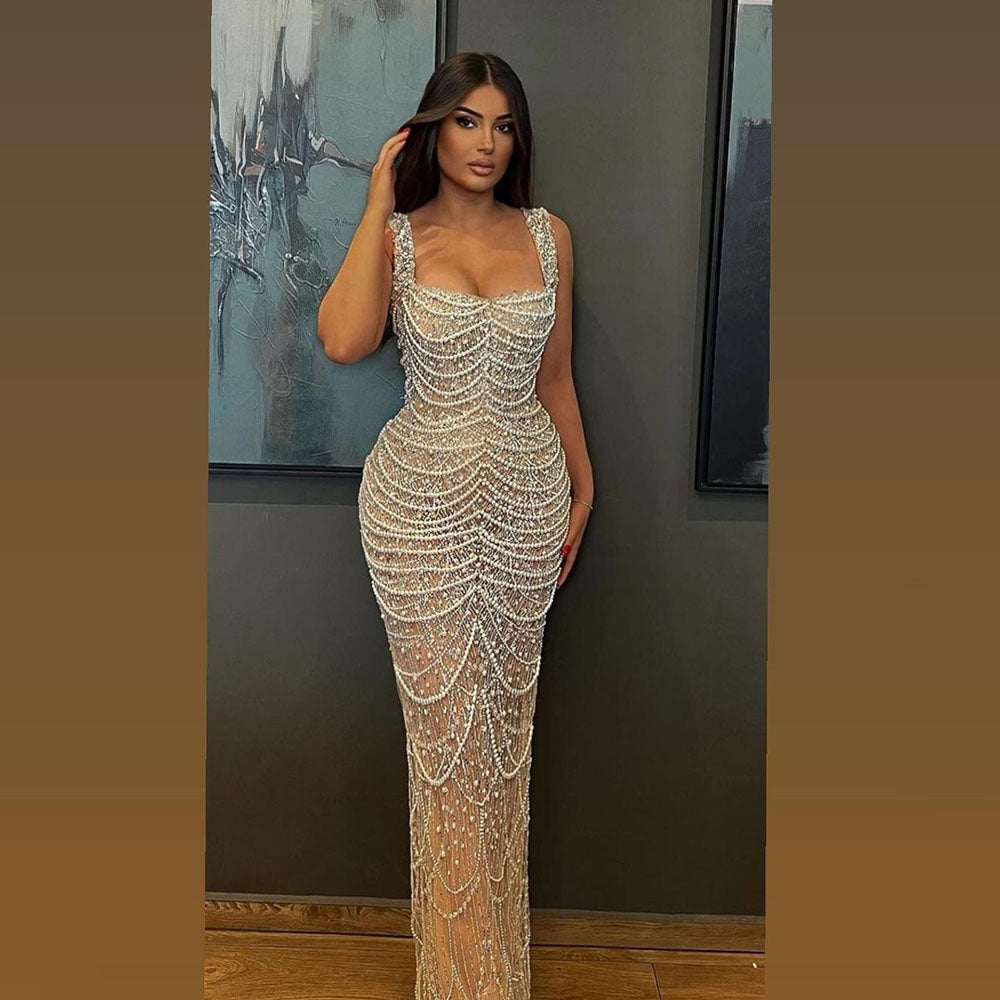 Krispfy.com Elegant Sling Light Luxury High-end Pearl Beaded Dress