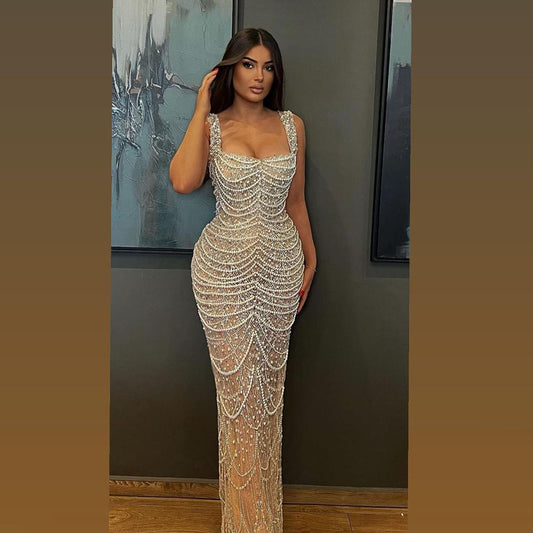 Krispfy.com Elegant Sling Light Luxury High-end Pearl Beaded Dress