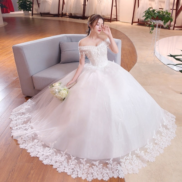 Krispfy.com Shoulder-To-Shoulder Wedding Dress Bridal Lace Plus Size Thin Shoulder Wedding Dress