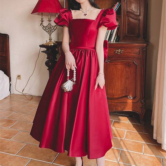 Krispfy.com Winter Wine Red Engagement I French Princess Dress I Satin Dress