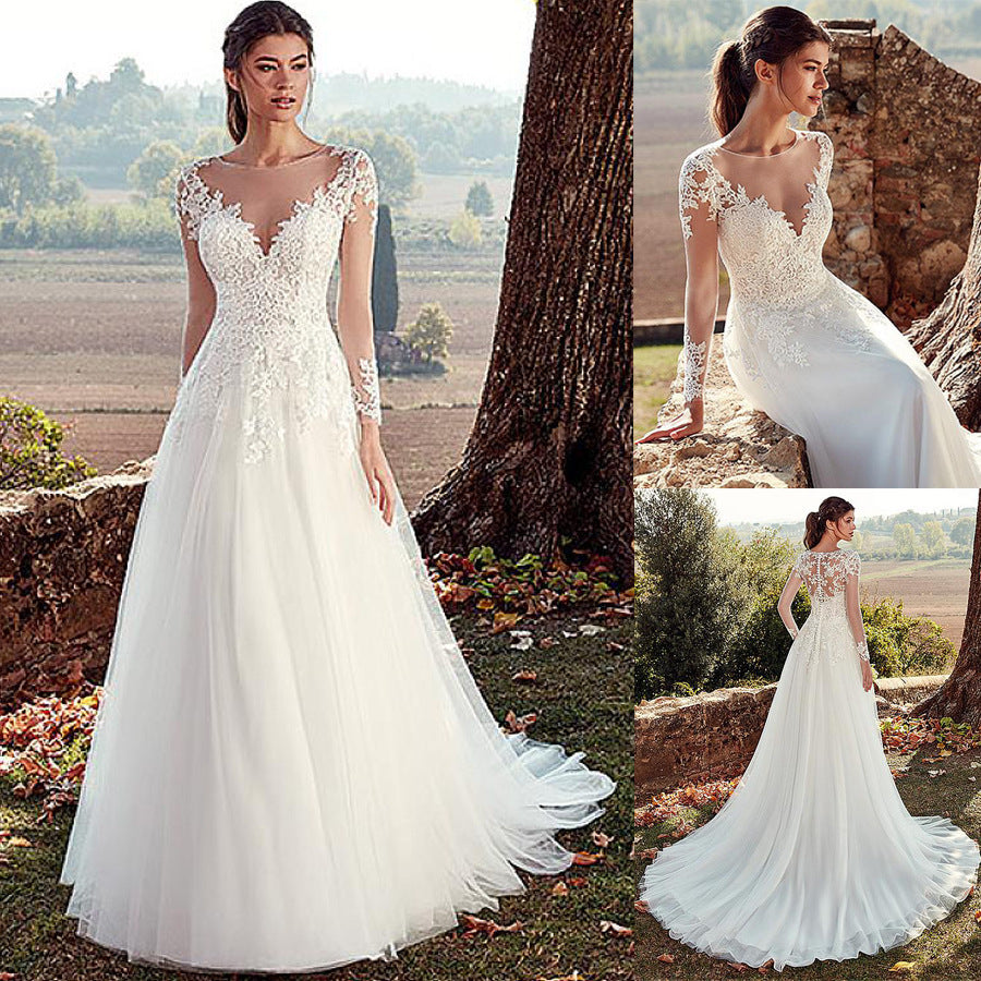 Krispfy.com High U-neck Lace Long Sleeve A- Line Long Tail Simple Wedding Dress