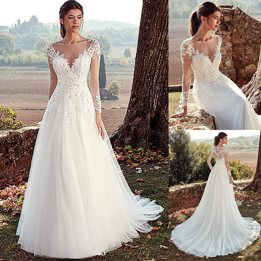Krispfy.com High U-neck Lace Long Sleeve A- Line Long Tail Simple Wedding Dress