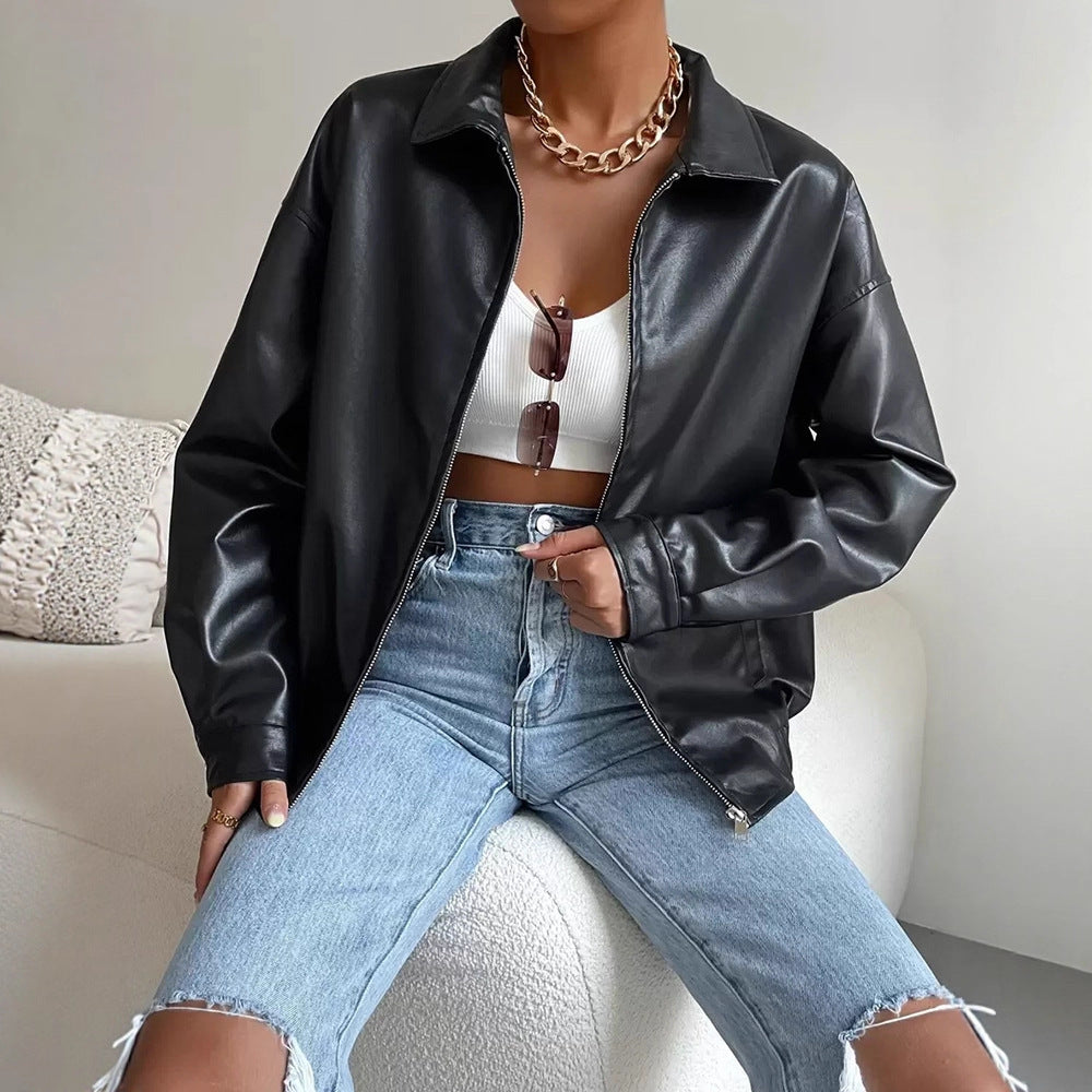 PU Leather Coat Retro Biker's Long Sleeve Zipper Lapel Jacket