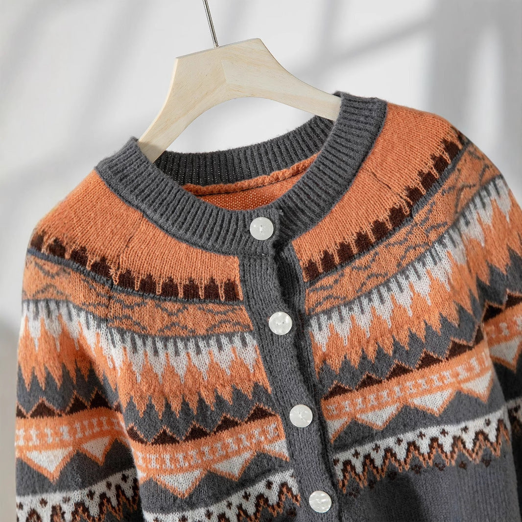 Contrast Color Single-breasted Long Sleeve Knitted Cardigan