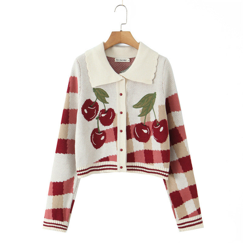 Women's Embroidered Cherry Cropped Sweater Coat