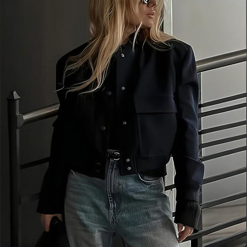 Women's Solid Color Long Sleeve Baseball Jacket With Button Front & Pockets - Casual Short Jacket For Spring&Fall