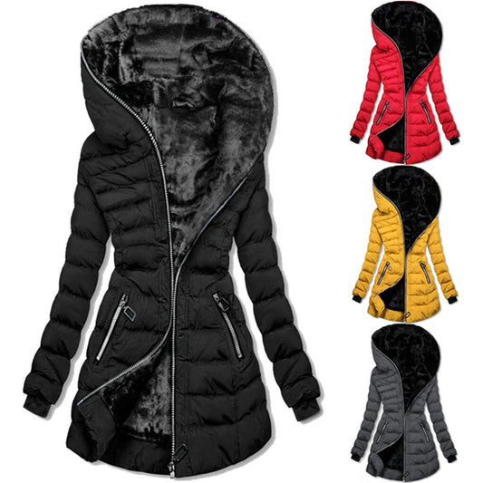Hooded Warm Fleece Padded Jacket Mid-length Jacket Black Padded Jacket